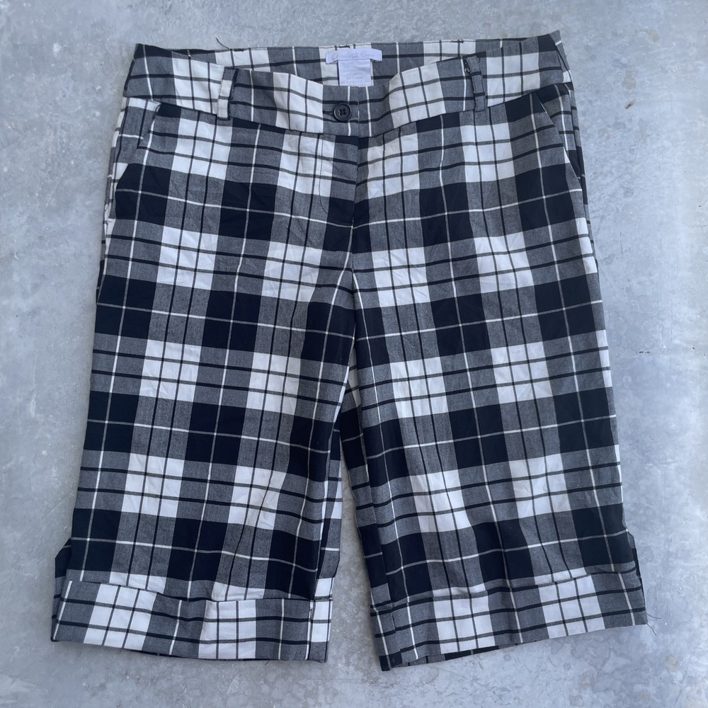 Charlotte Russe Shorts Juniors Size 9 Black Purple Plaid Cuffed Soft Bermuda